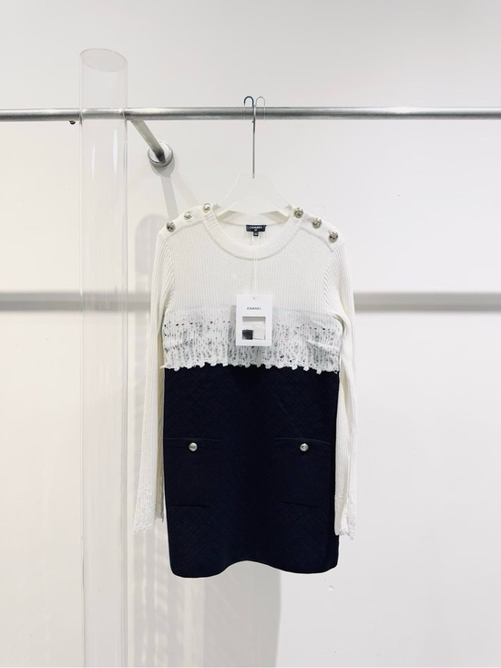 CHANEL Dresses & Skirts - CHANEL White & Black Two-Tone Knit Dress-Top with Lace and Button Accents